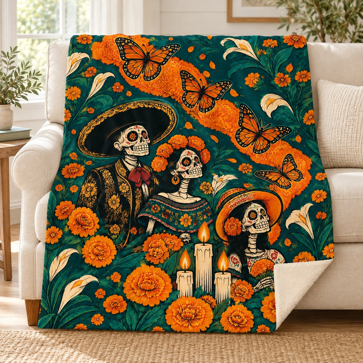 Monarch Passage blanket, on a sofa