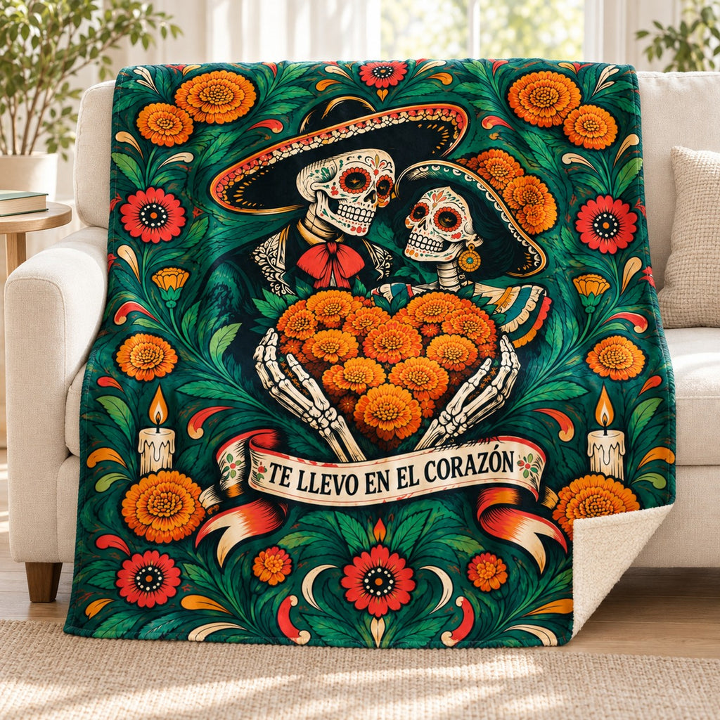 Heart of Marigolds blanket, on a sofa
