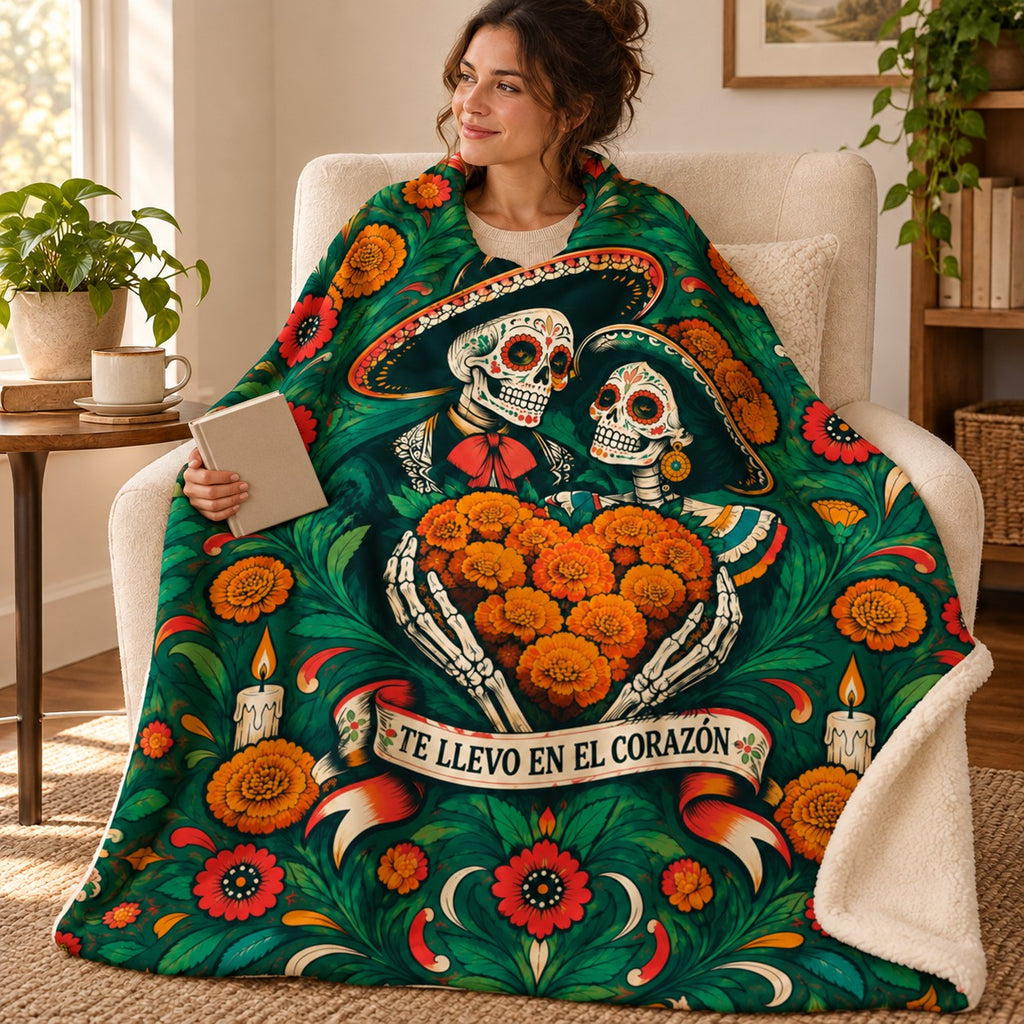 Heart of Marigolds blanket, wrapped around a reader