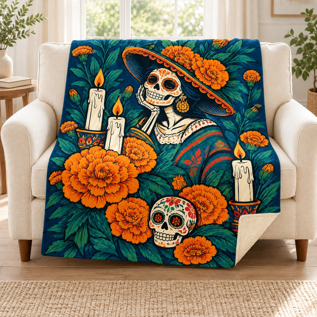 Candle Garden blanket, on a sofa