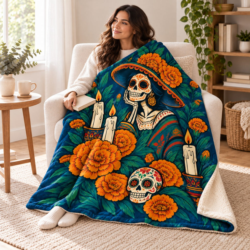 Candle Garden blanket, wrapped around a reader