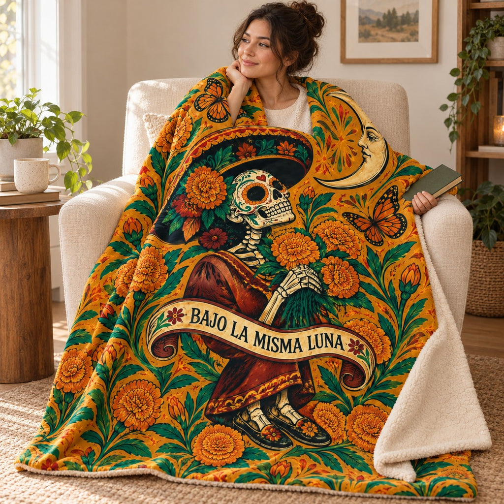 Moon and Memory blanket, wrapped around a reader