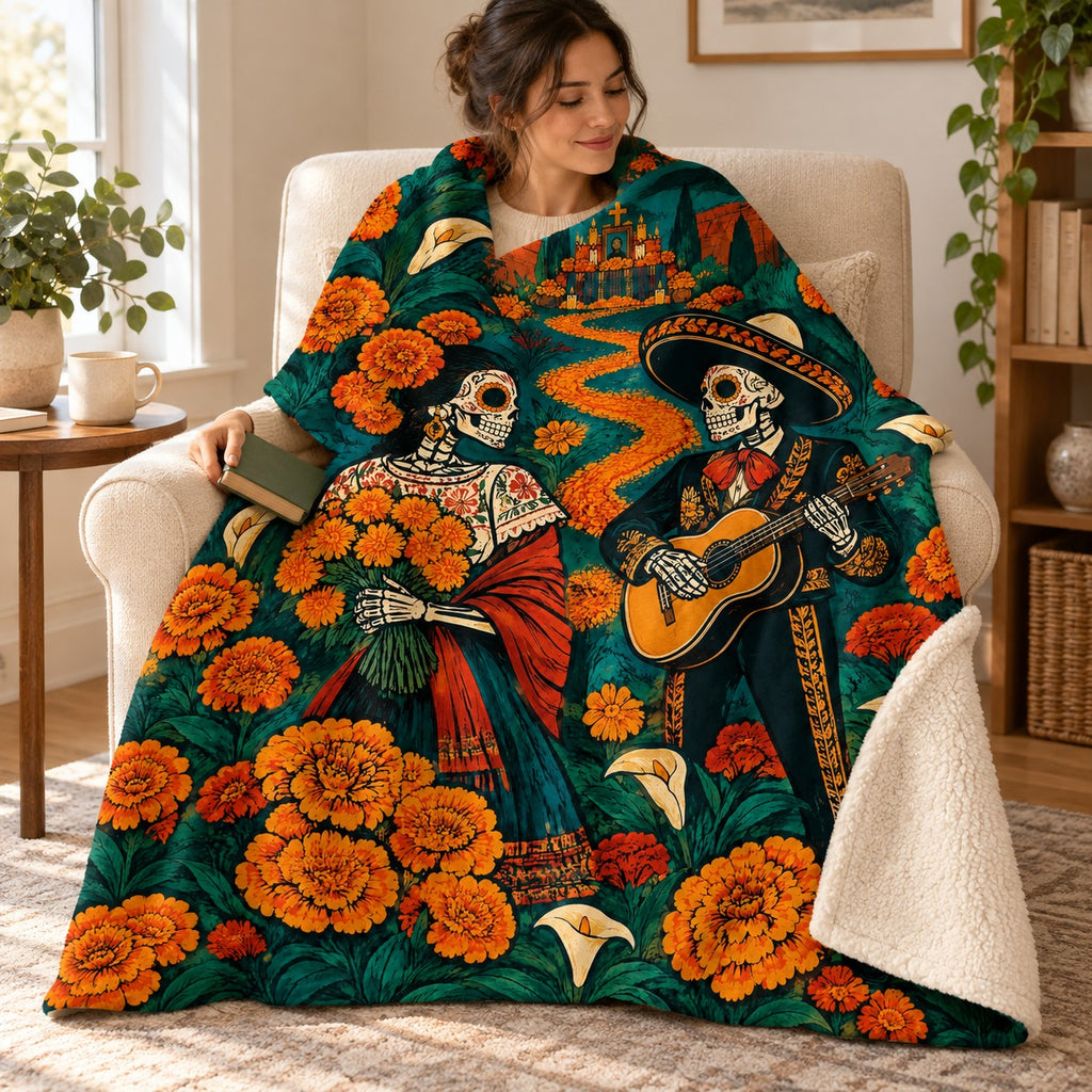 Petal Path blanket, wrapped around a reader