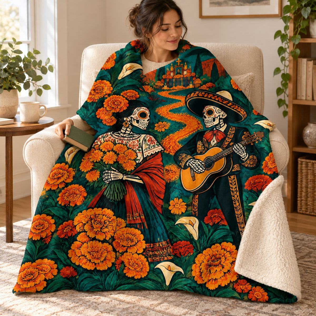 Petal Path blanket, wrapped around a reader