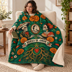 Roots of Remembrance blanket, wrapped around a reader
