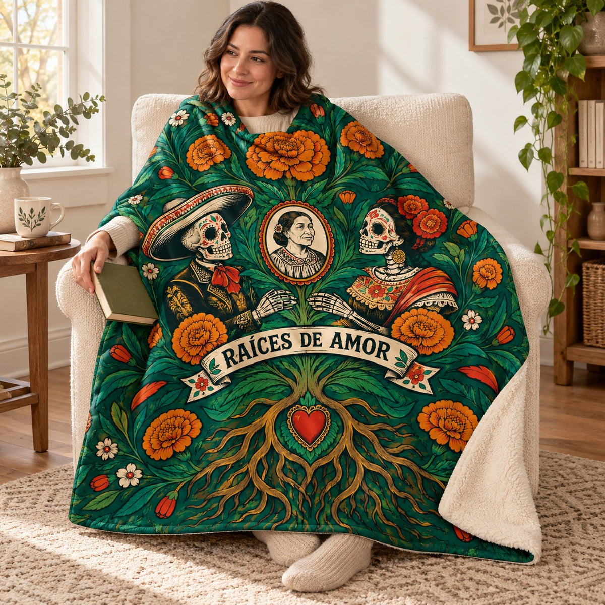 Roots of Remembrance blanket, wrapped around a reader