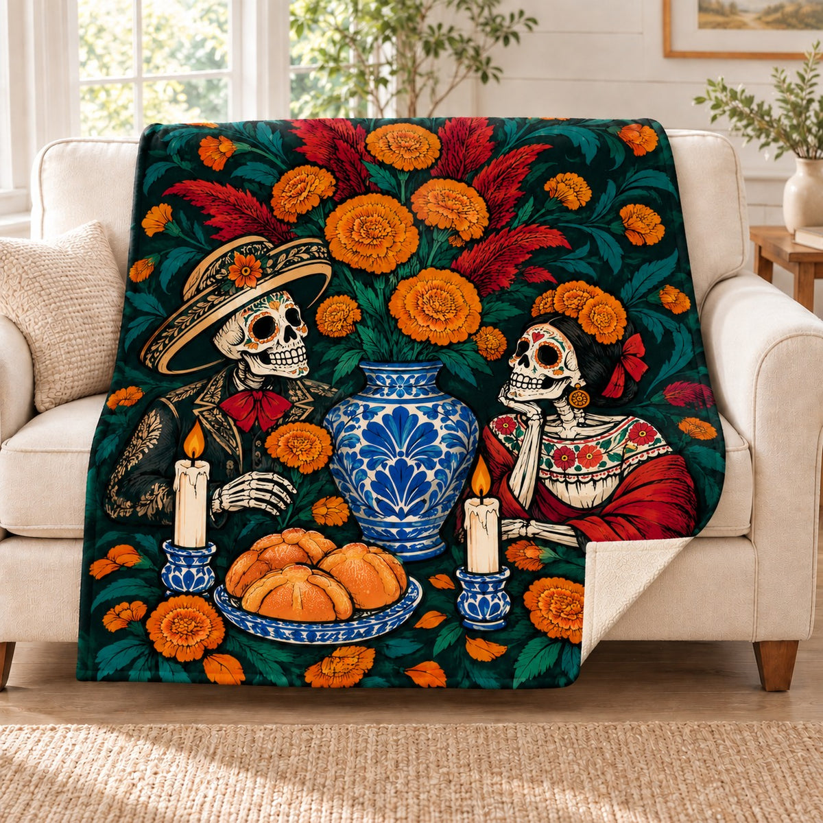 Ofrenda Bouquet blanket, on a sofa