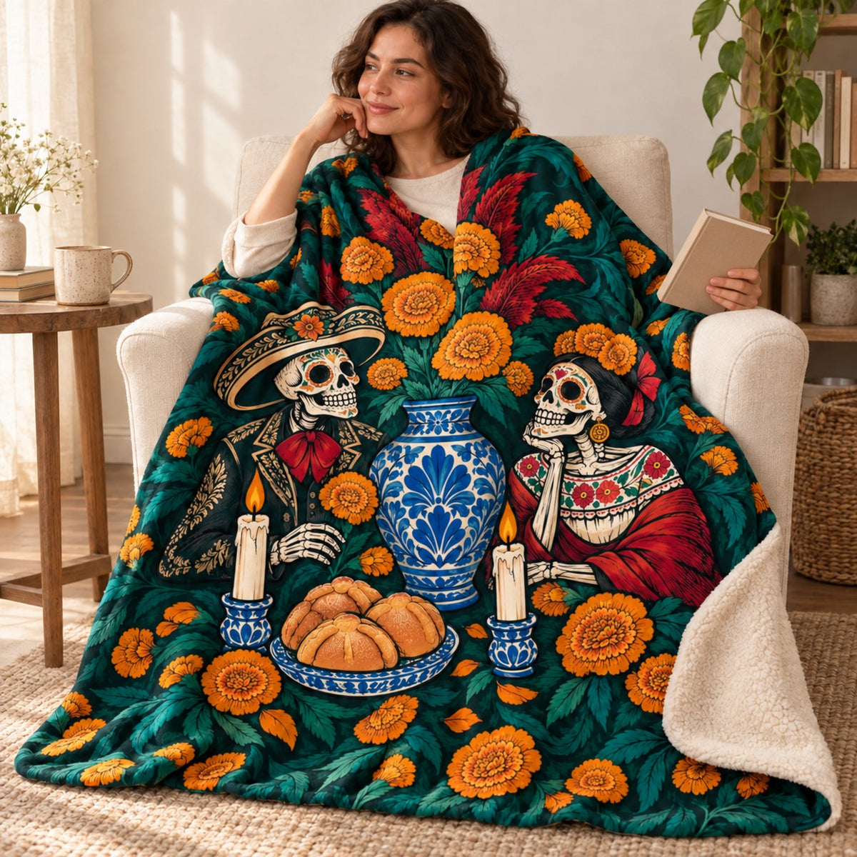 Ofrenda Bouquet blanket, wrapped around a reader