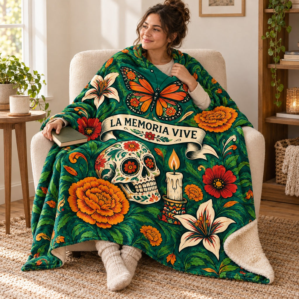Wings of Memory blanket, wrapped around a reader
