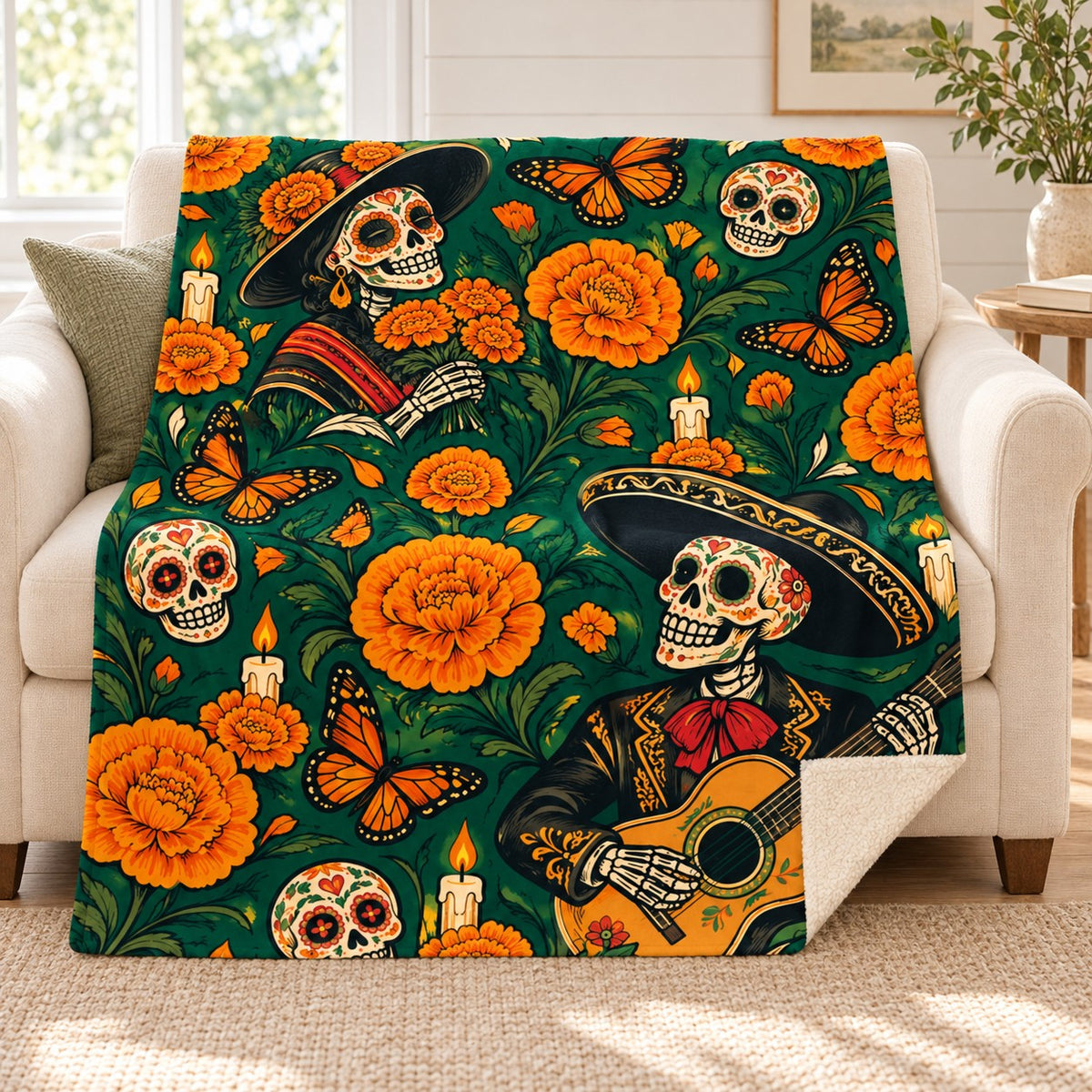Flowers Without End blanket, on a sofa