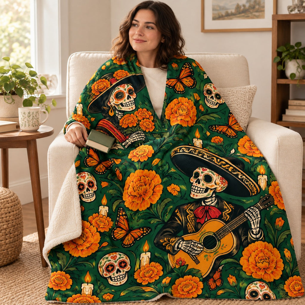 Flowers Without End blanket, wrapped around a reader