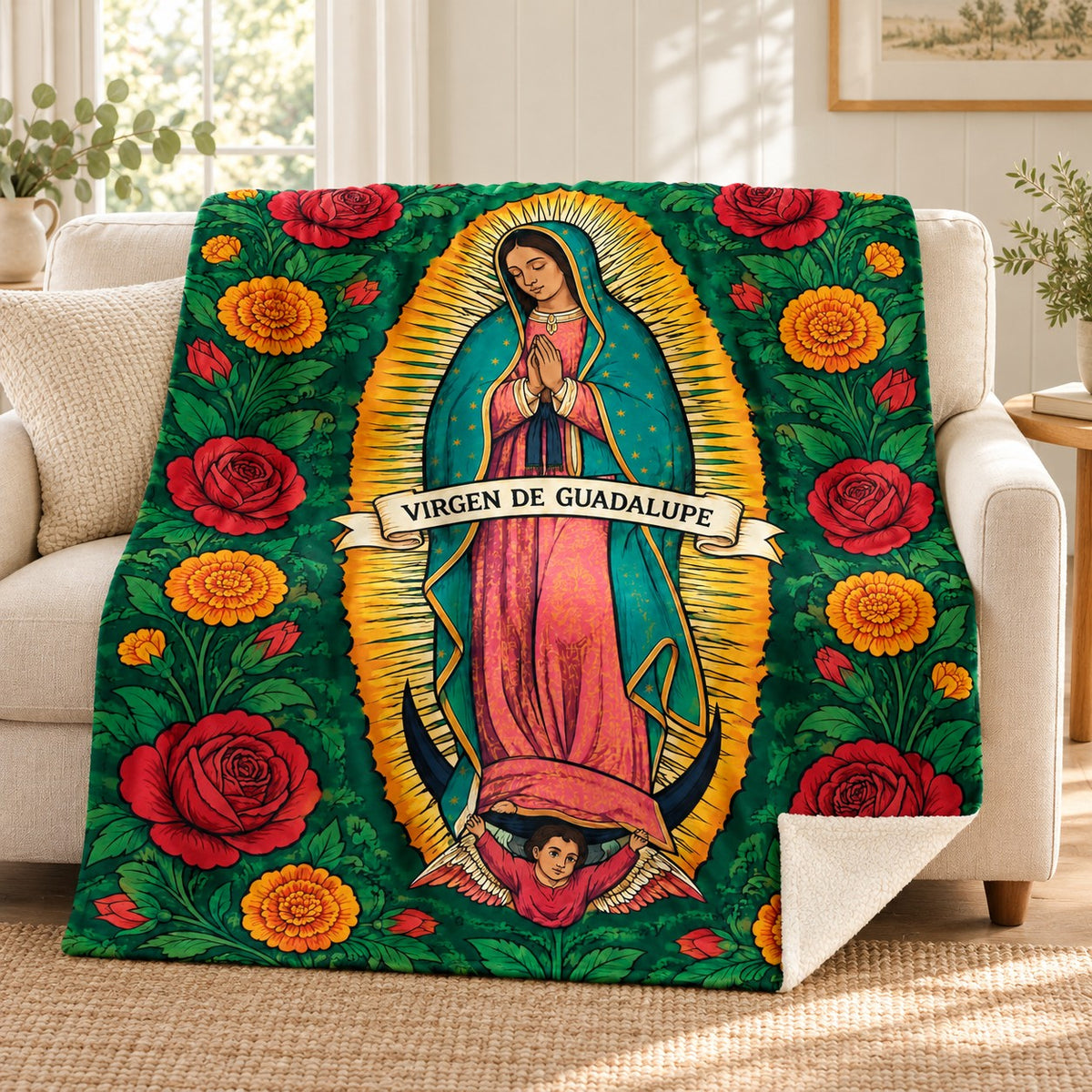Guadalupe - Emerald Roses blanket, on a sofa