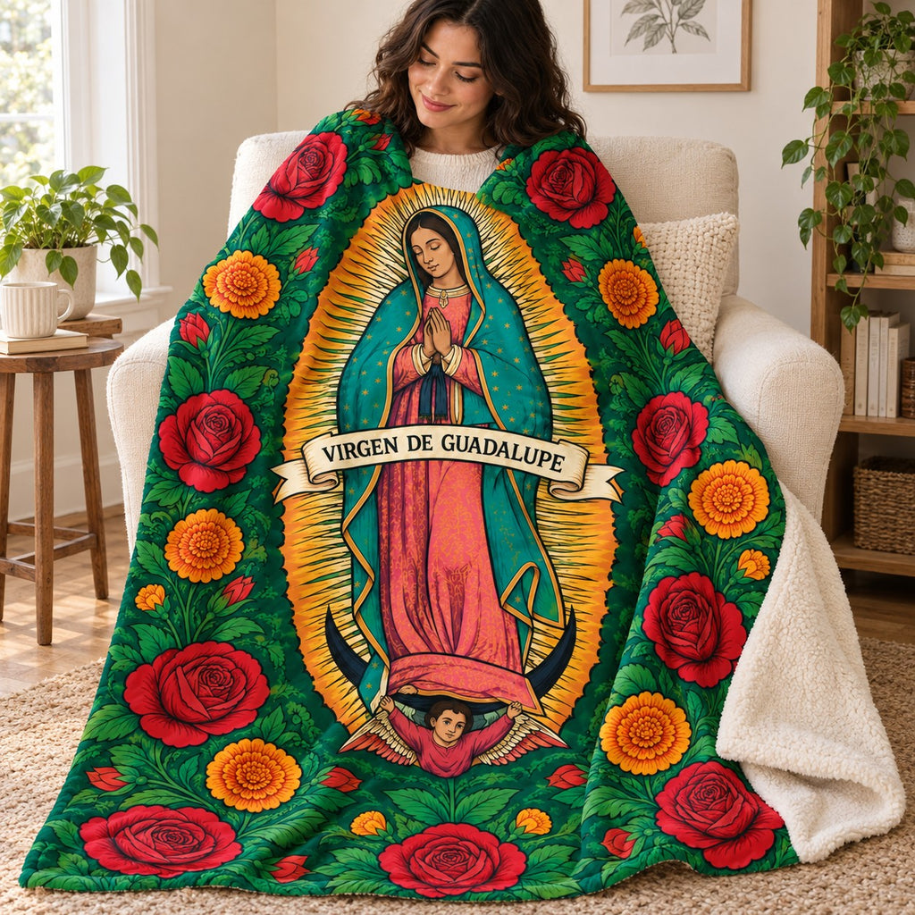 Guadalupe - Emerald Roses blanket, wrapped around a reader
