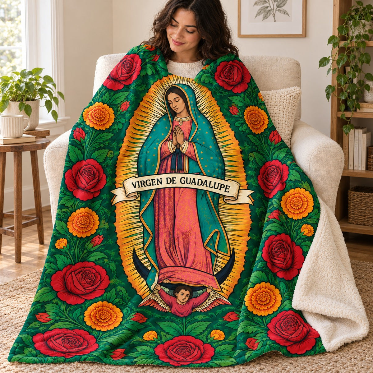 Guadalupe - Emerald Roses blanket, wrapped around a reader