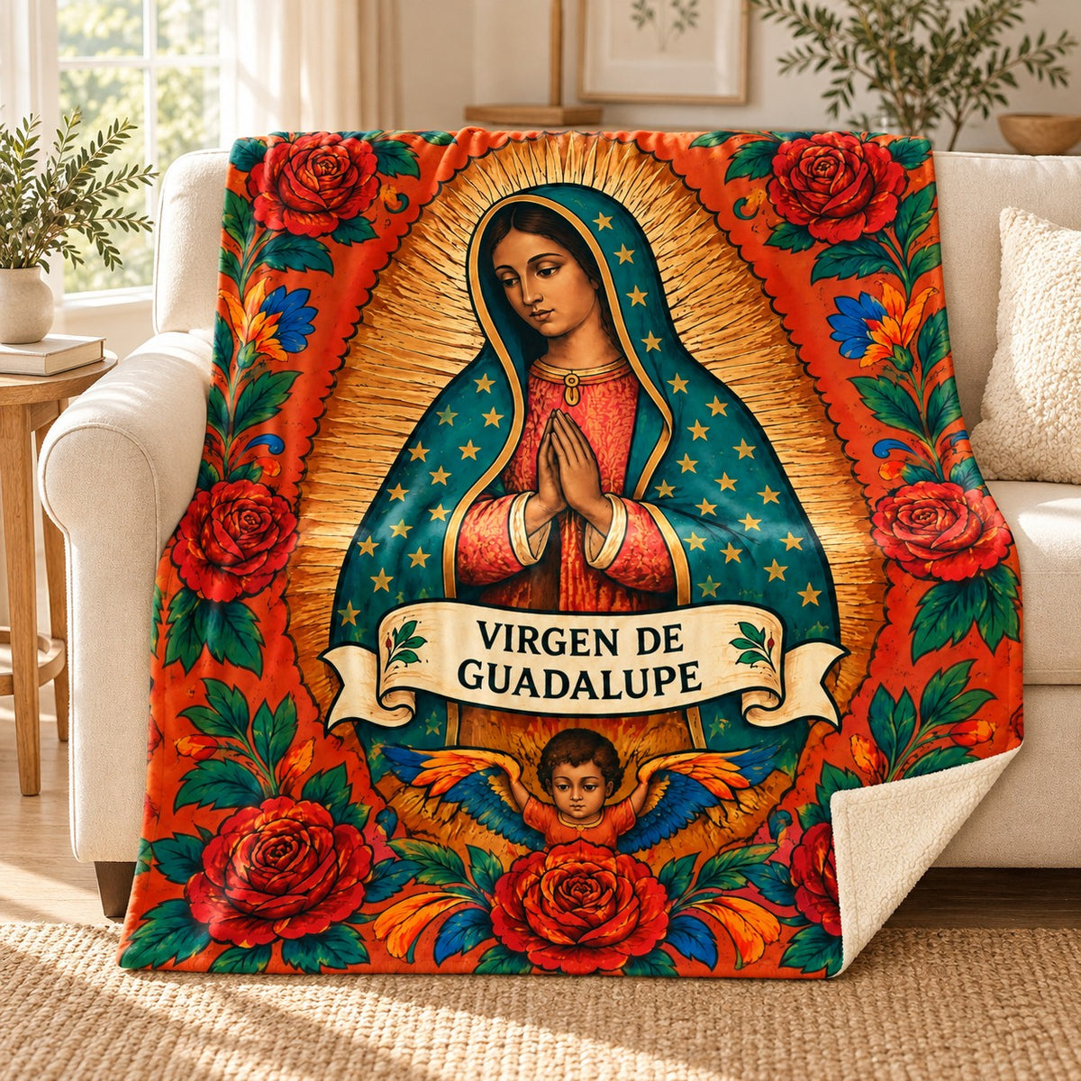 Guadalupe - Tender Portrait blanket, on a sofa