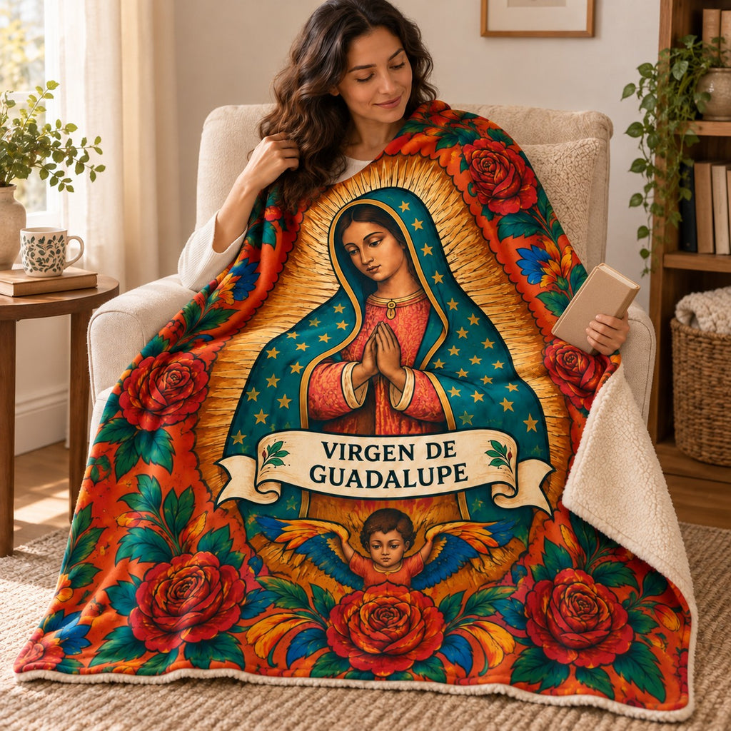 Guadalupe - Tender Portrait blanket, wrapped around a reader
