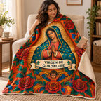 Guadalupe - Tender Portrait blanket, wrapped around a reader