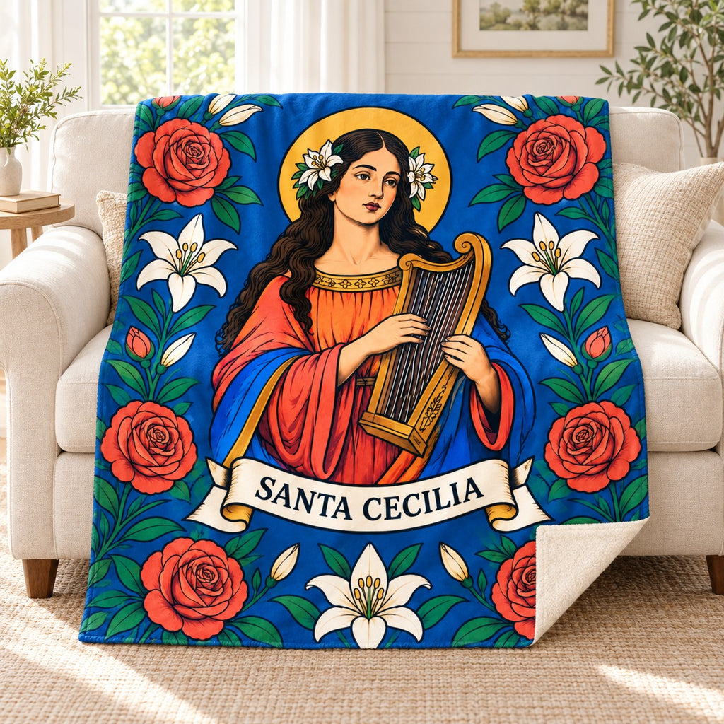 Santa Cecilia blanket, on a sofa