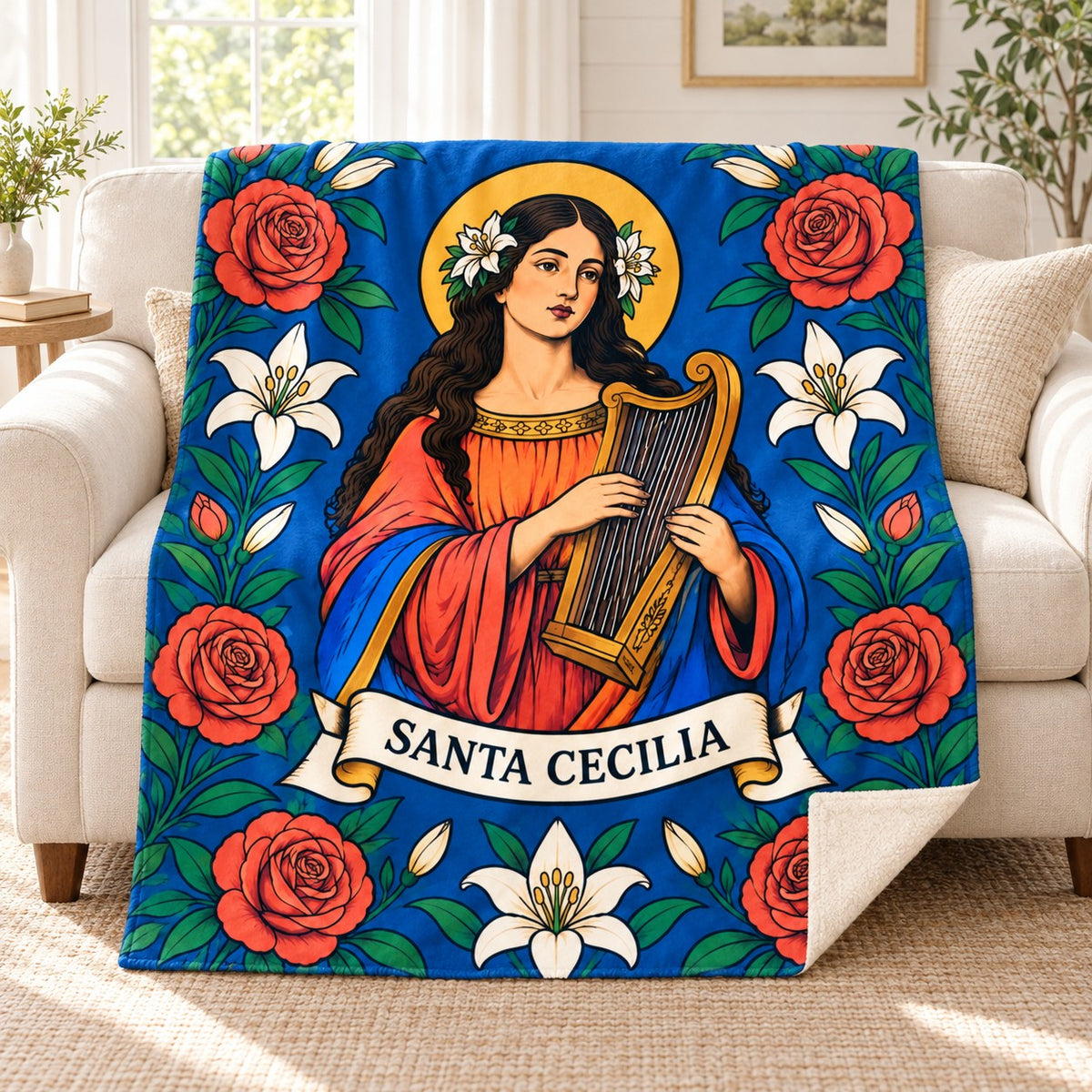 Santa Cecilia blanket, on a sofa