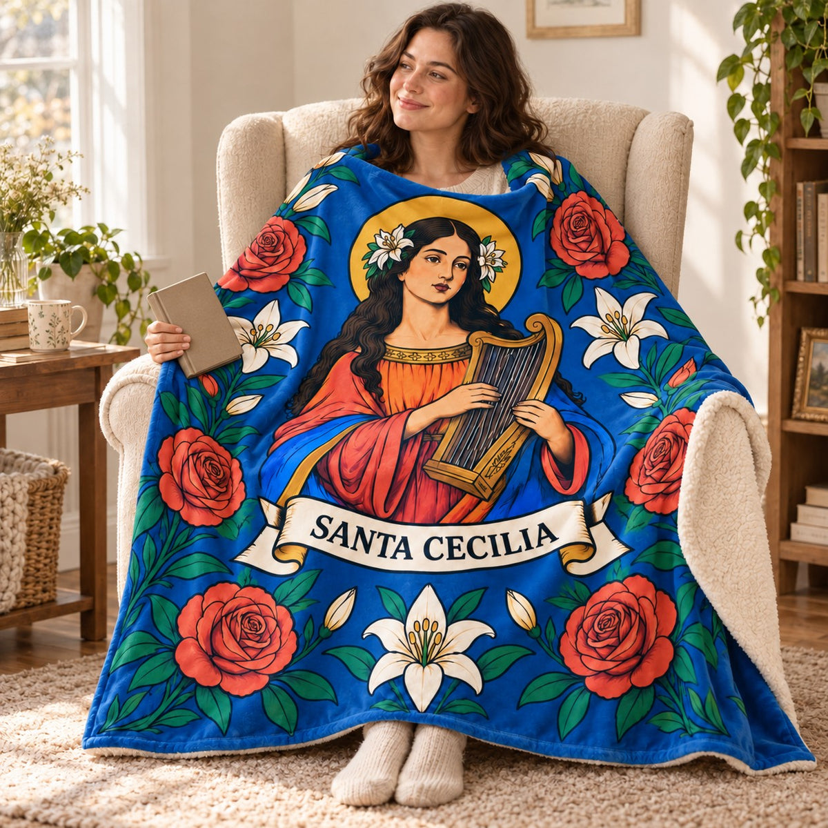 Santa Cecilia blanket, wrapped around a reader
