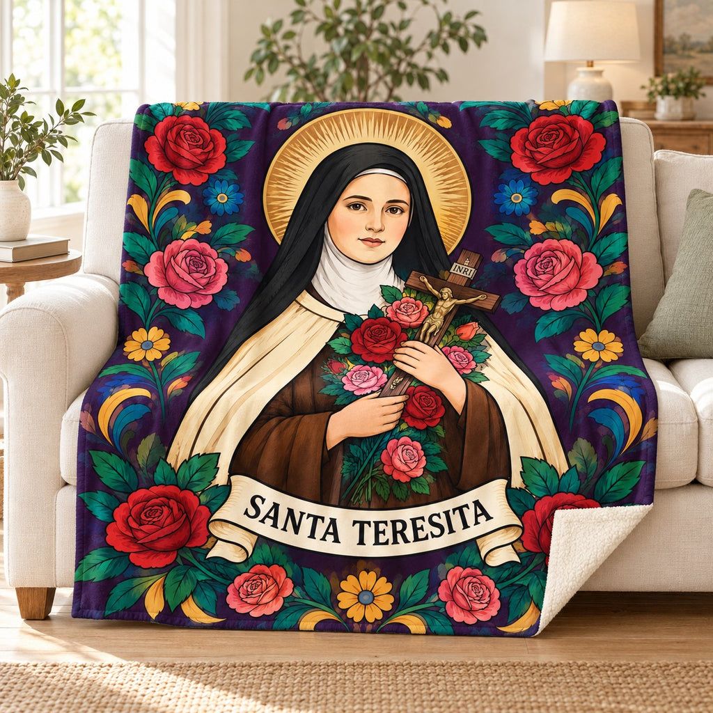 Santa Teresita blanket, on a sofa