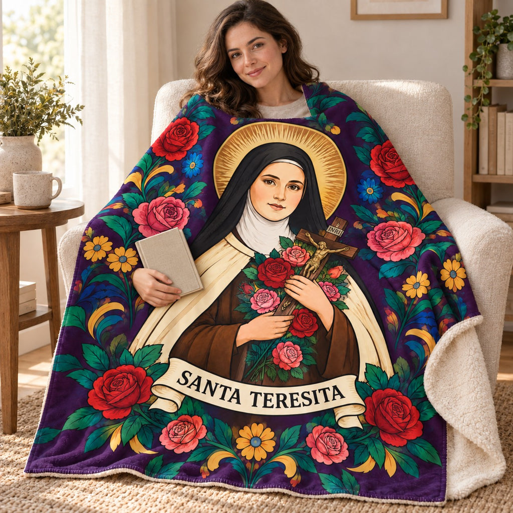Santa Teresita blanket, wrapped around a reader