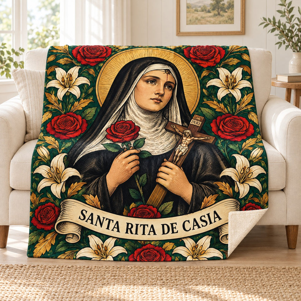 Santa Rita blanket, on a sofa