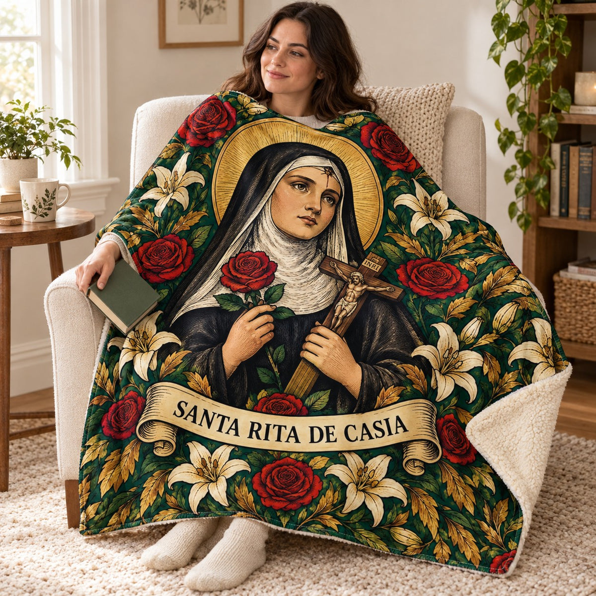 Santa Rita blanket, wrapped around a reader