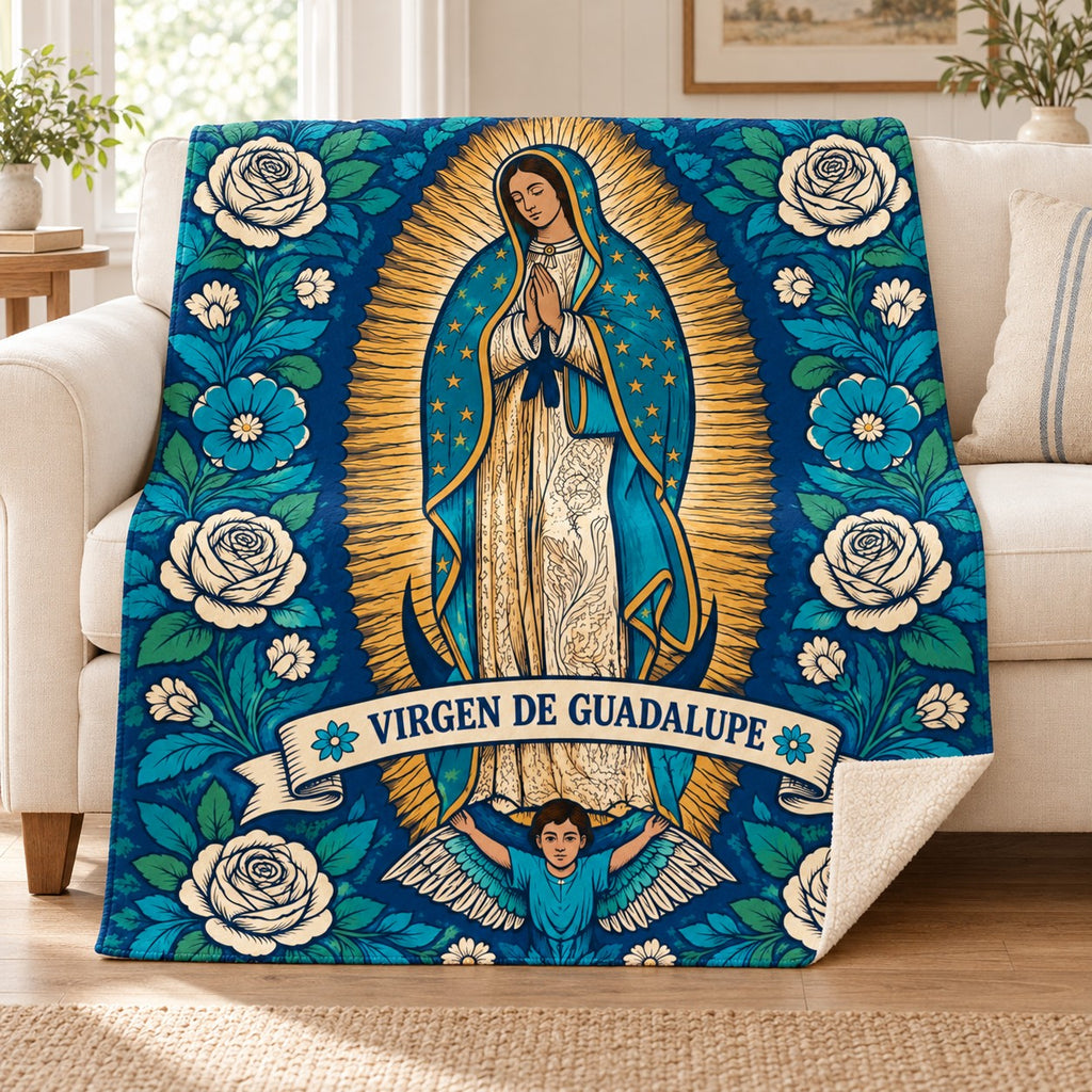 Guadalupe - Indigo Woodcut blanket, on a sofa