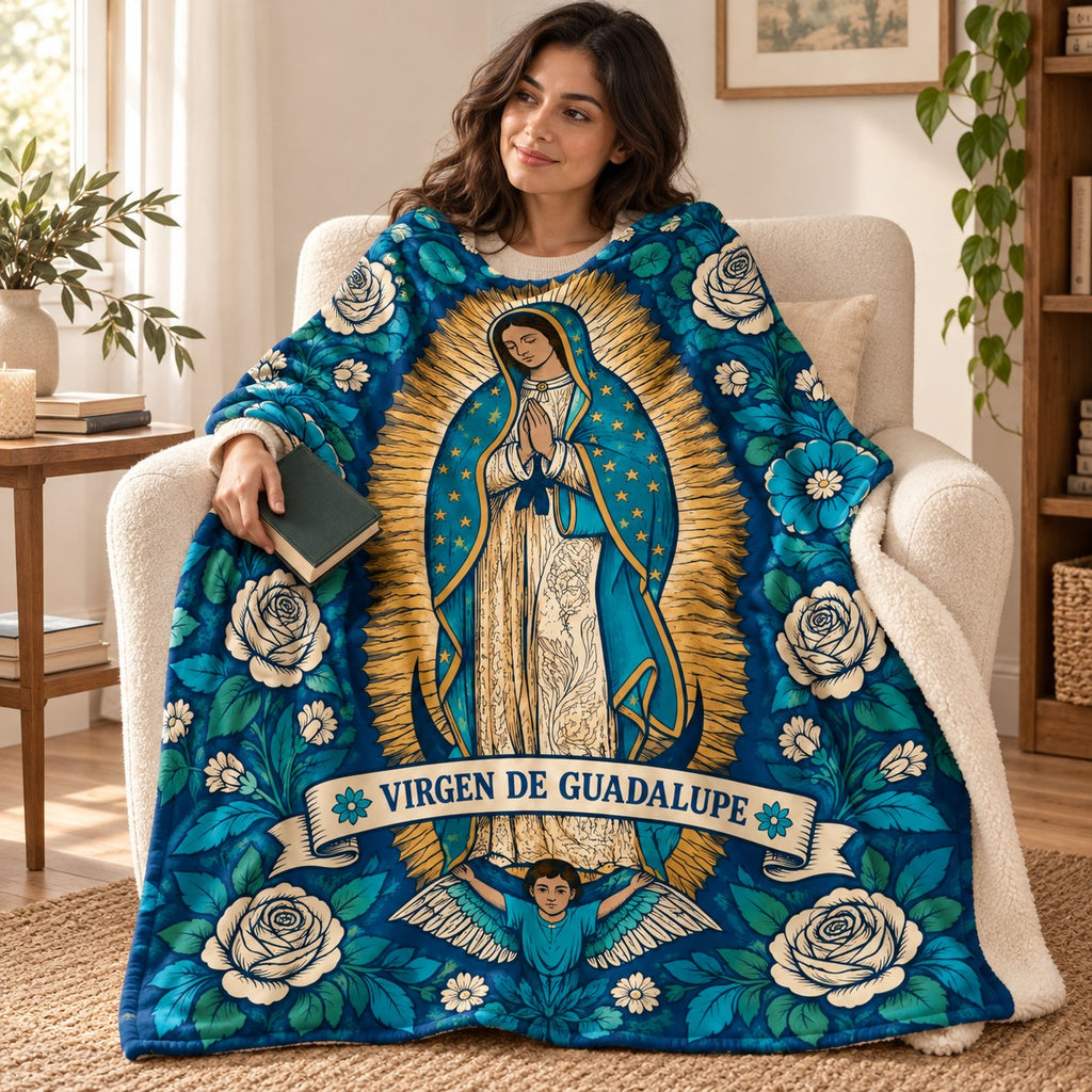 Guadalupe - Indigo Woodcut blanket, wrapped around a reader