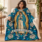 Guadalupe - Indigo Woodcut blanket, wrapped around a reader