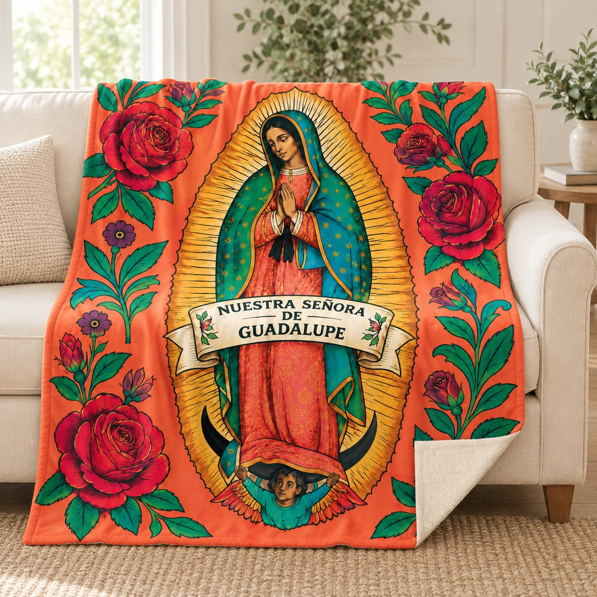 Guadalupe - Coral Garden blanket, on a sofa