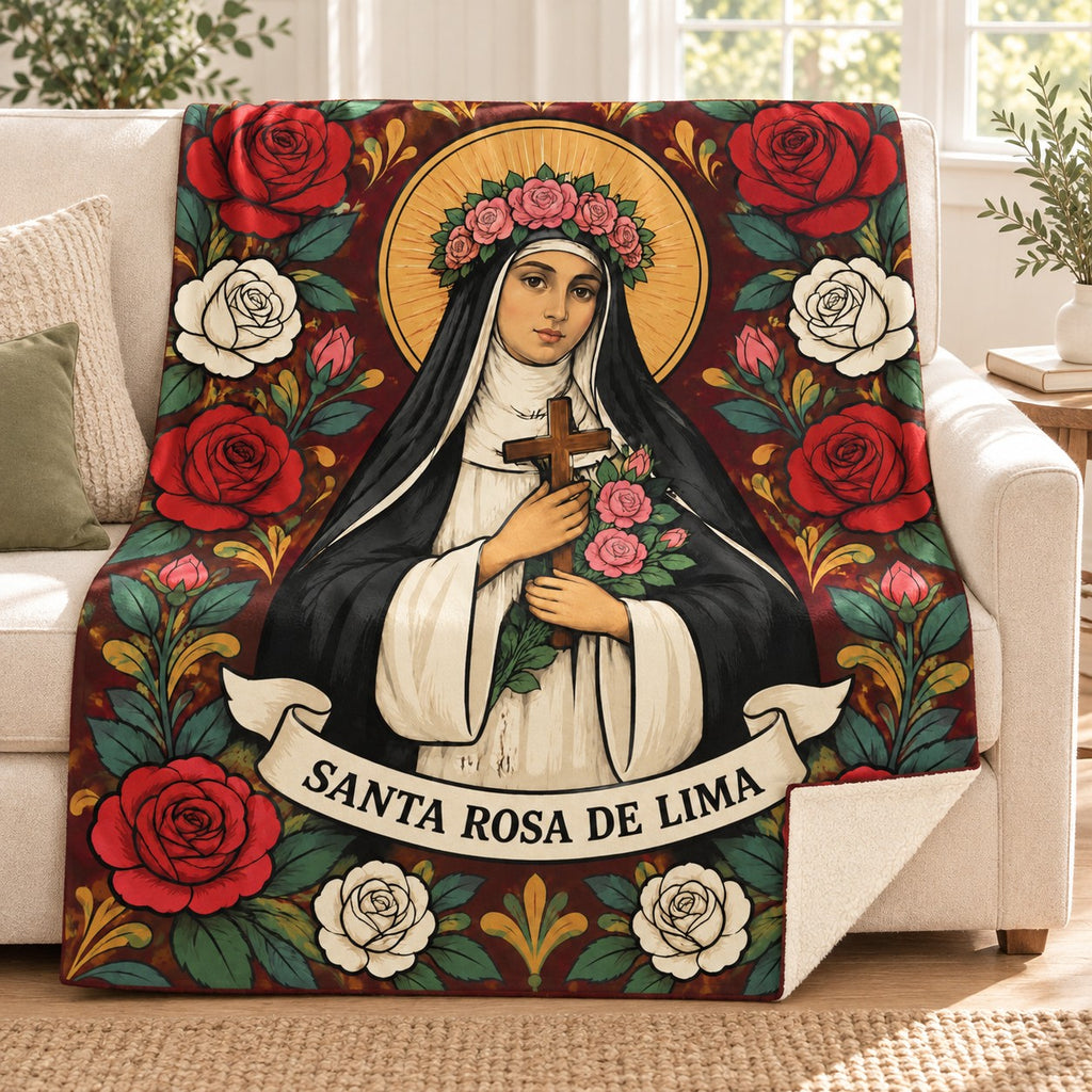 Santa Rosa de Lima blanket, on a sofa