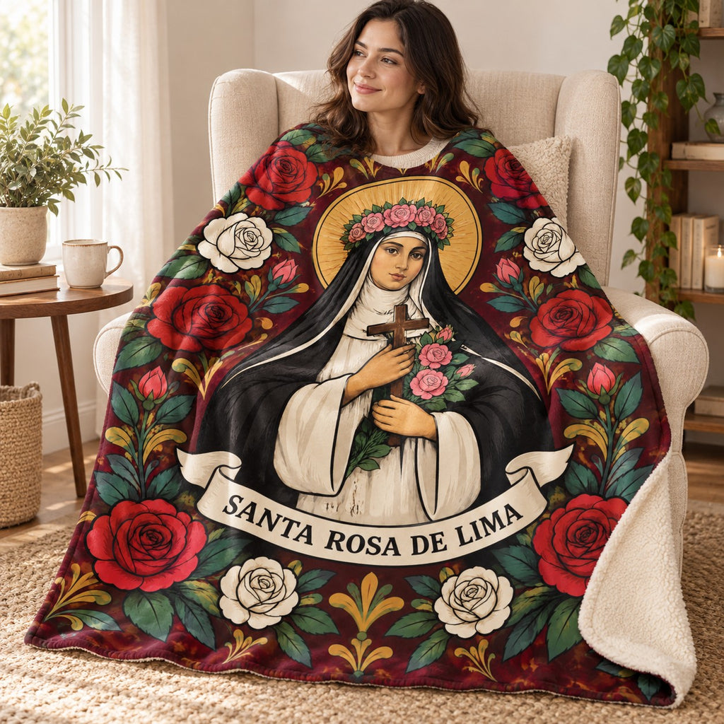 Santa Rosa de Lima blanket, wrapped around a reader