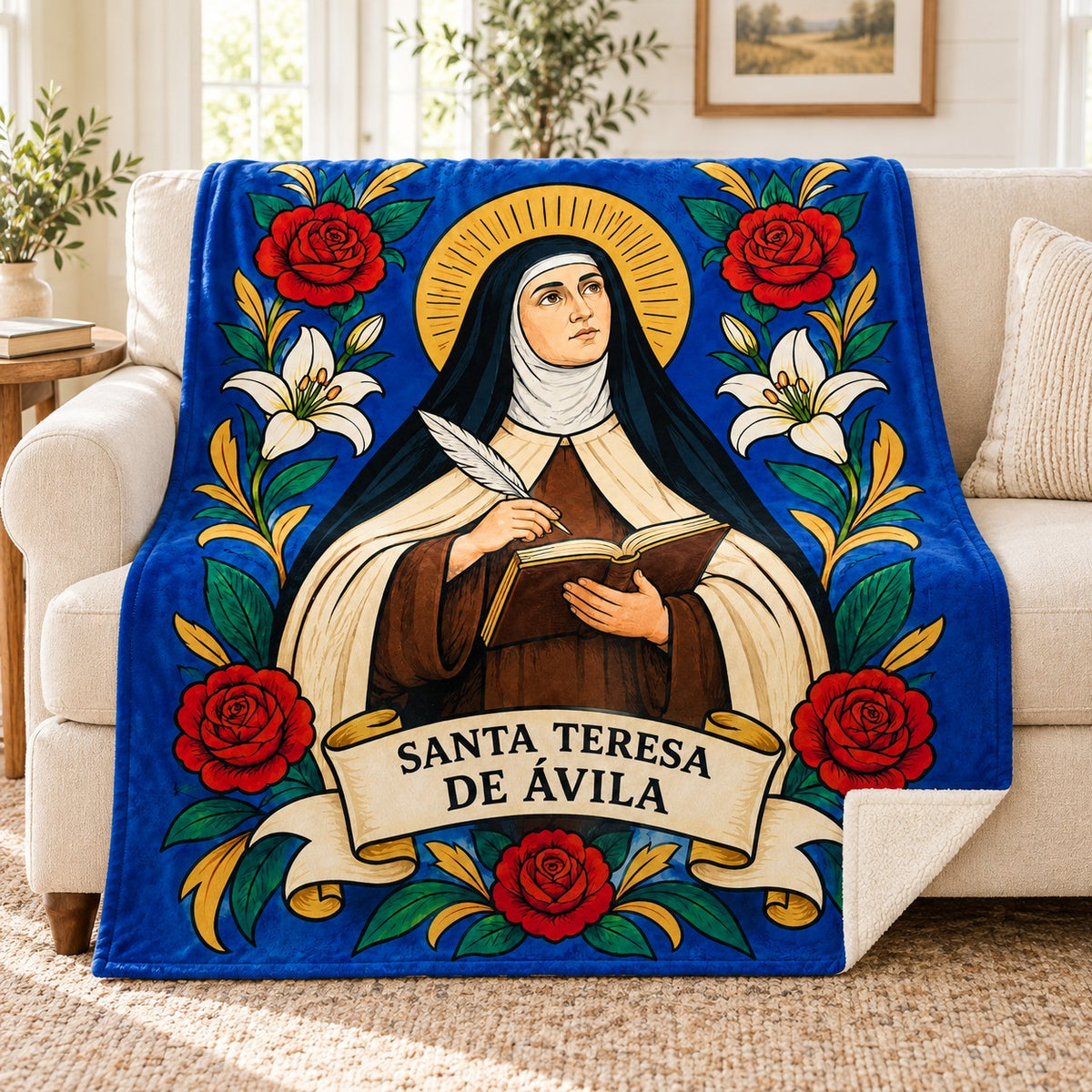Santa Teresa de Avila blanket, on a sofa