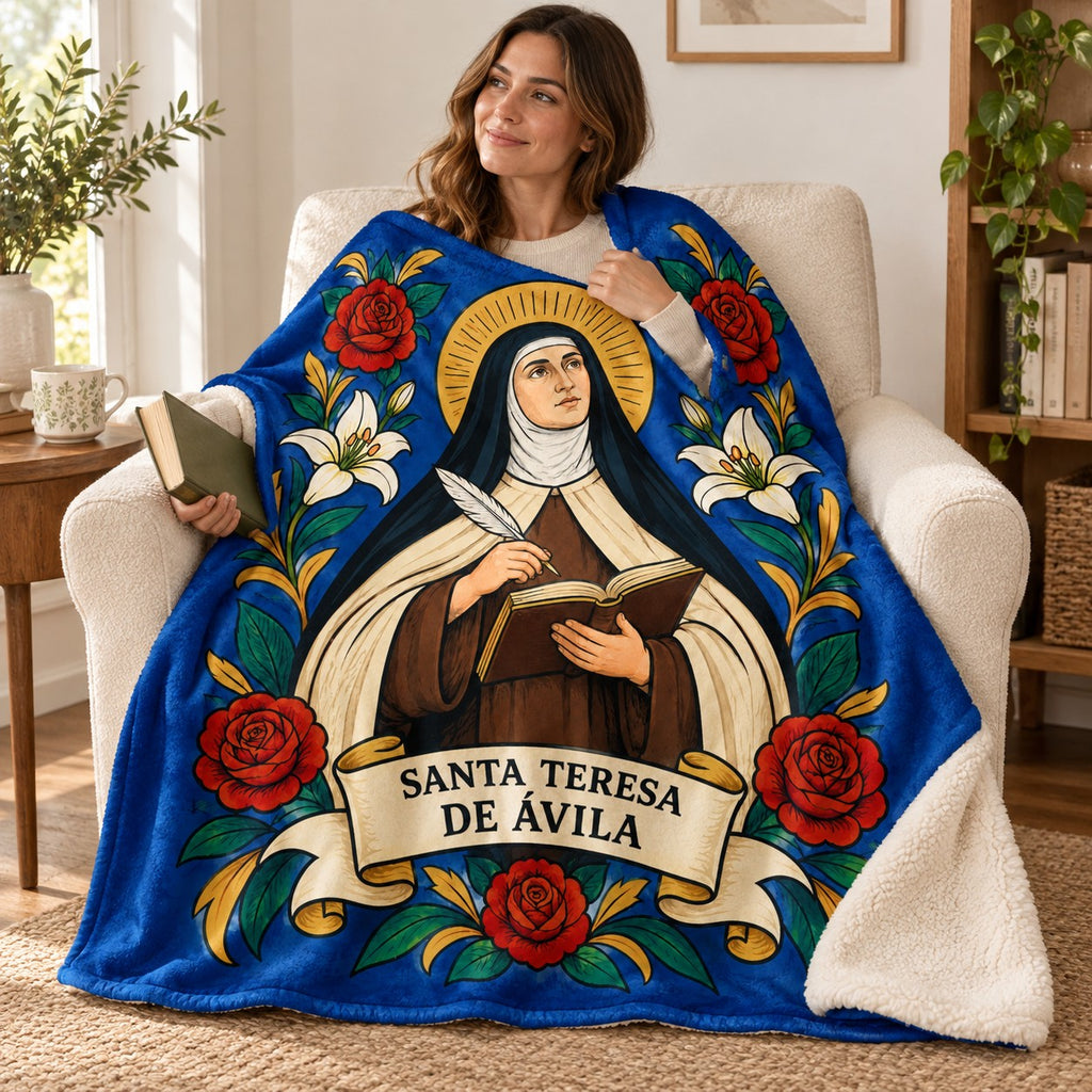 Santa Teresa de Avila blanket, wrapped around a reader