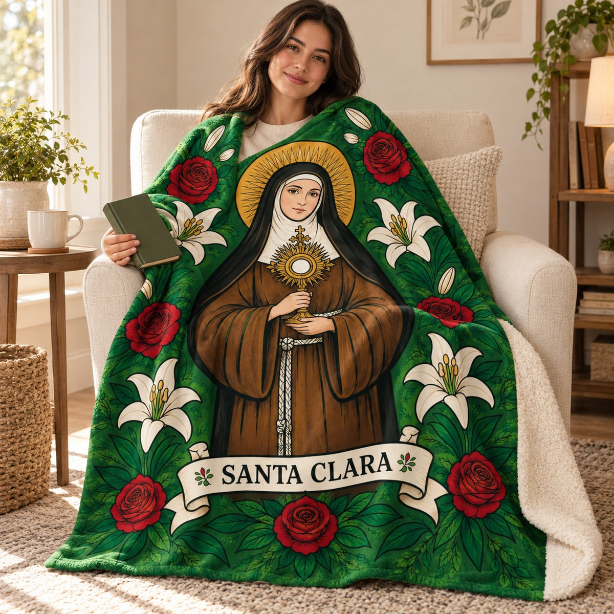 Santa Clara blanket, wrapped around a reader