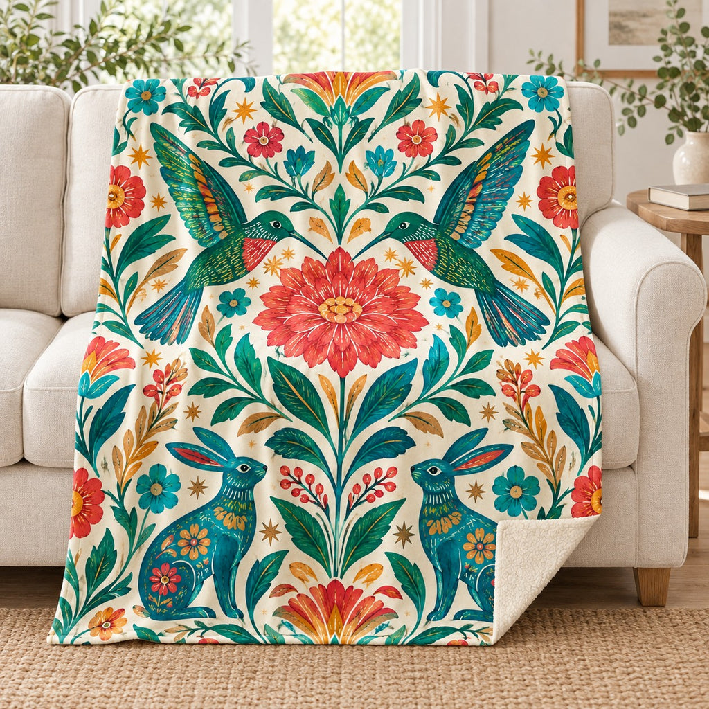 Colibries del amanecer blanket, on a sofa