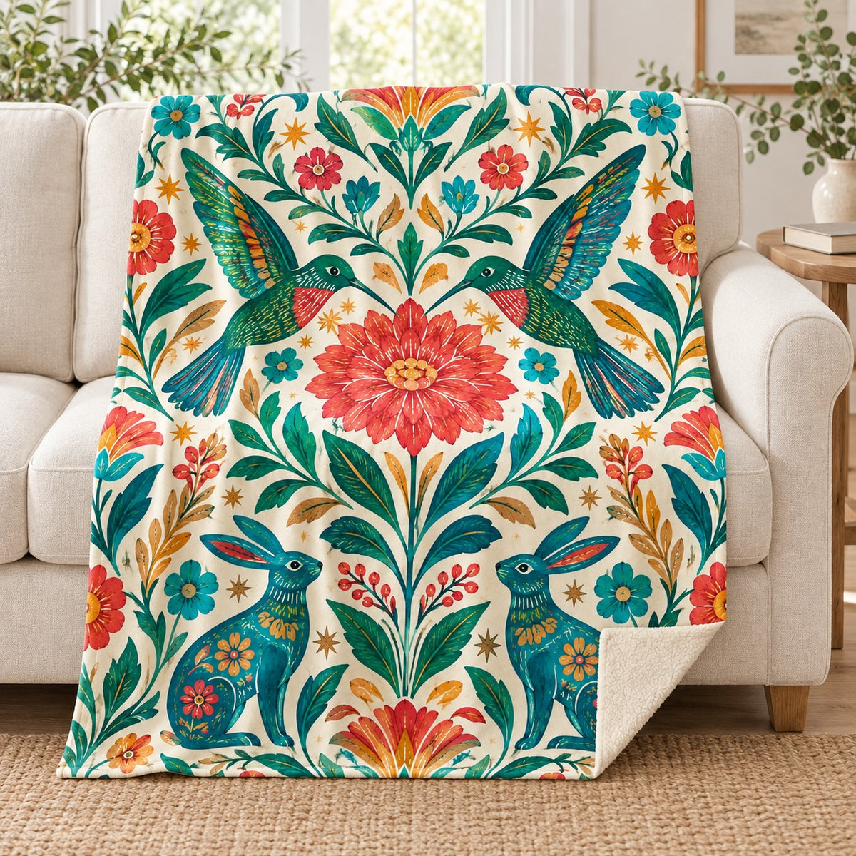 Colibries del amanecer blanket, on a sofa