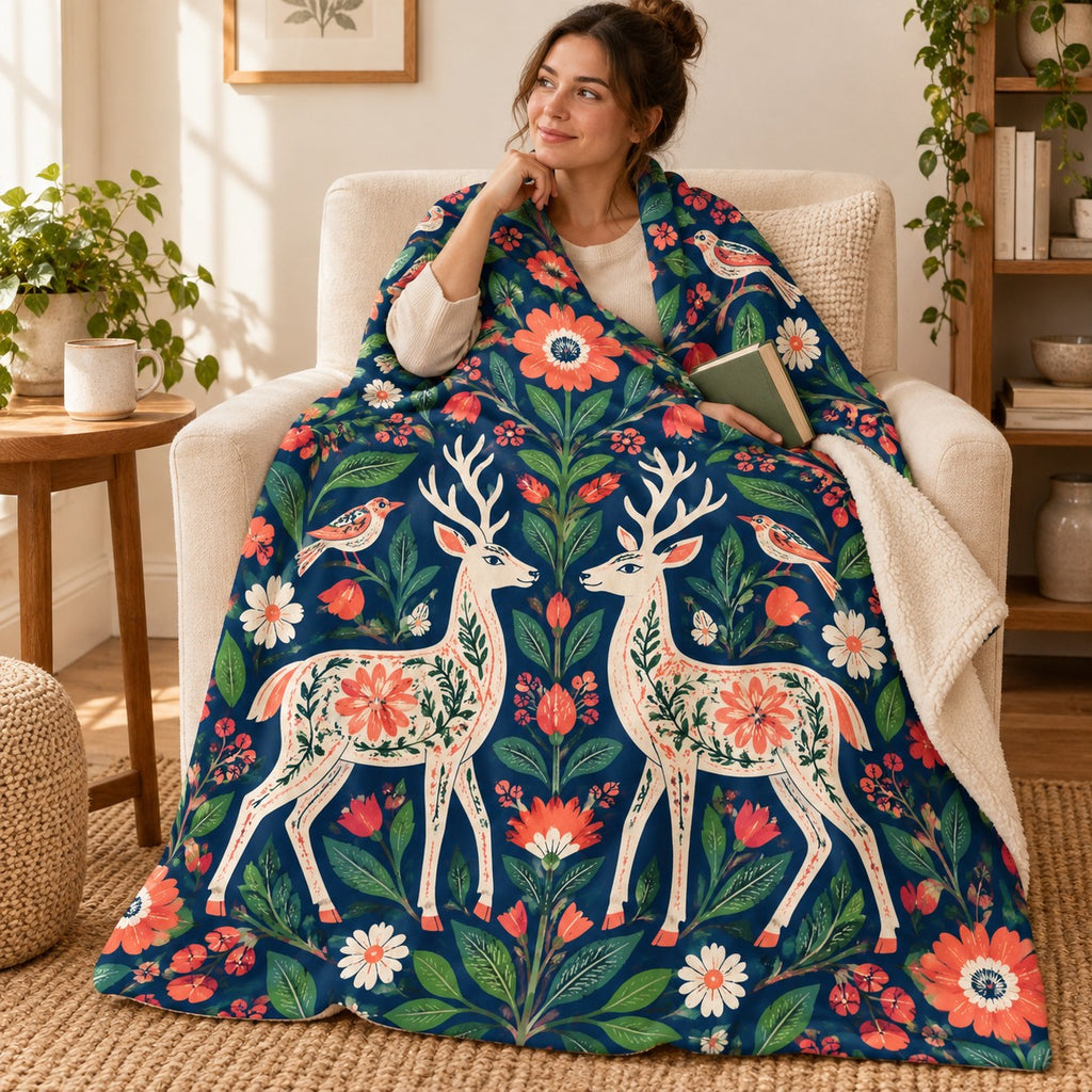 Venados entre flores blanket, wrapped around a reader