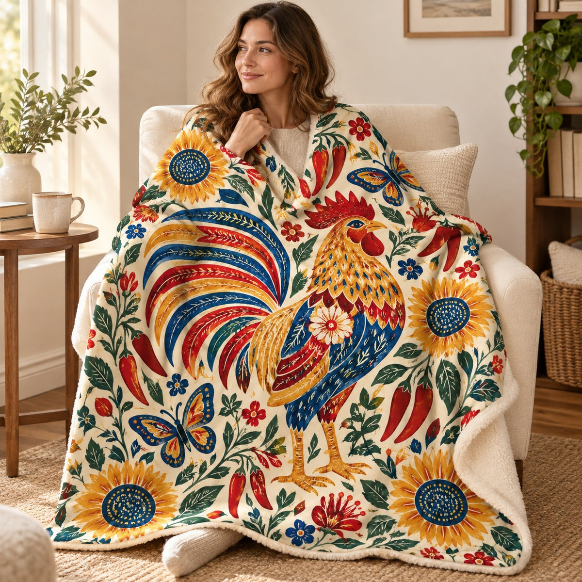 Canto del gallo blanket, wrapped around a reader