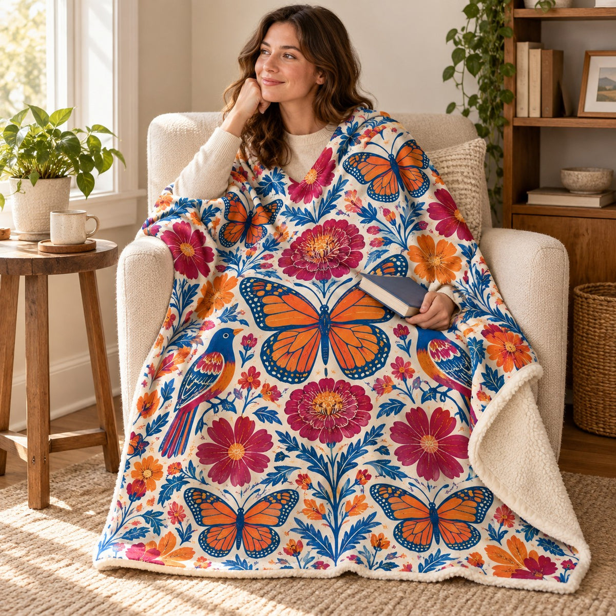 Jardin de mariposas blanket, wrapped around a reader