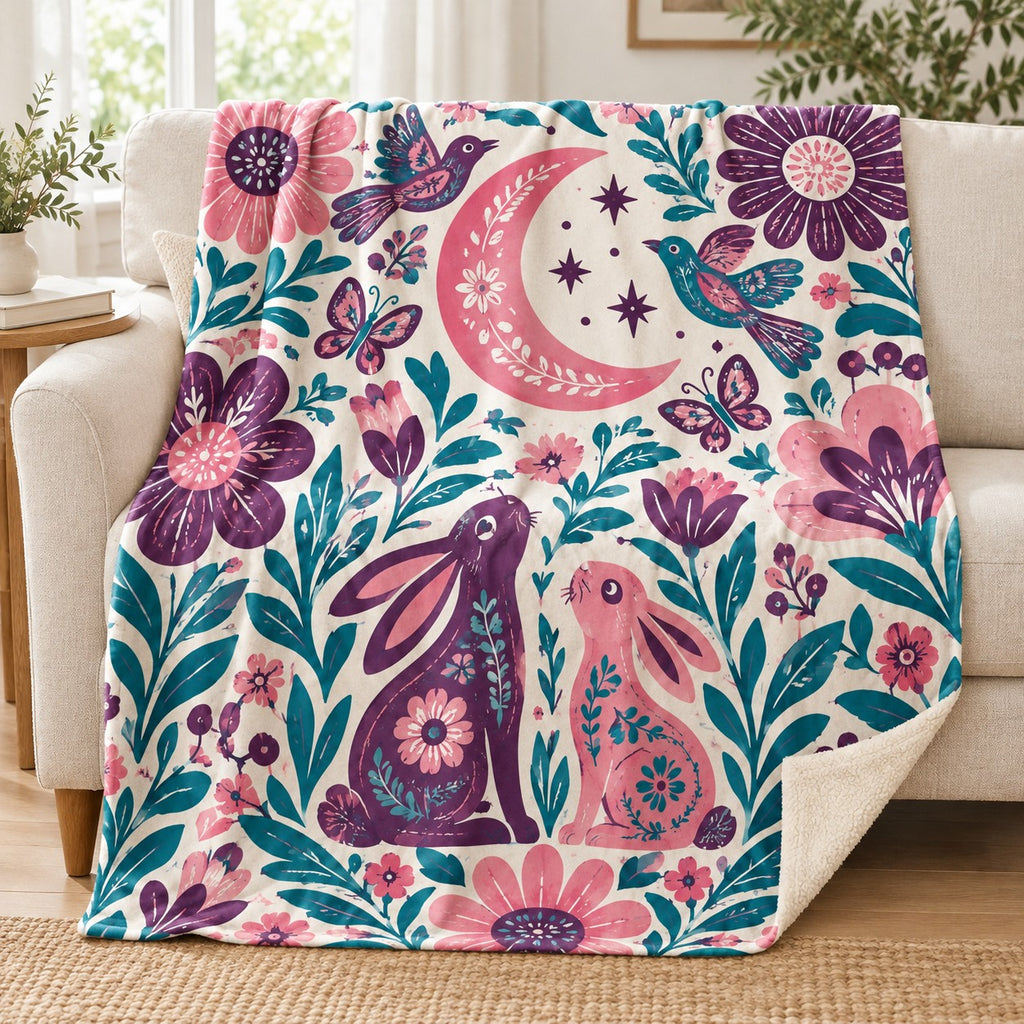 Conejos de luna blanket, on a sofa