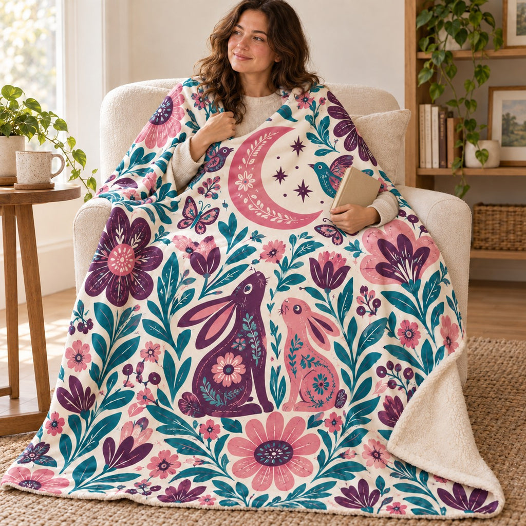 Conejos de luna blanket, wrapped around a reader