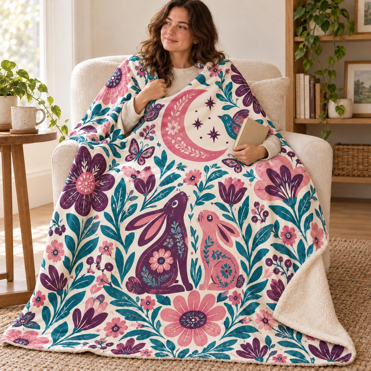 Conejos de luna blanket, wrapped around a reader