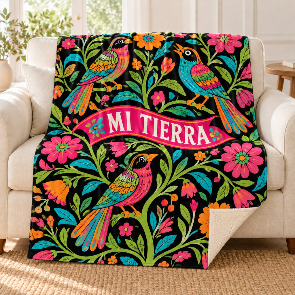 Aves de mi tierra blanket, on a sofa