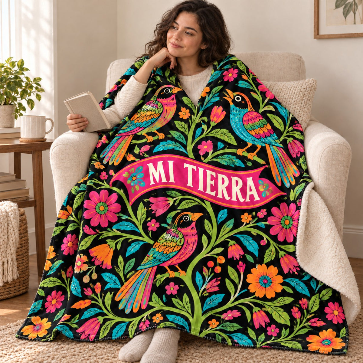 Aves de mi tierra blanket, wrapped around a reader