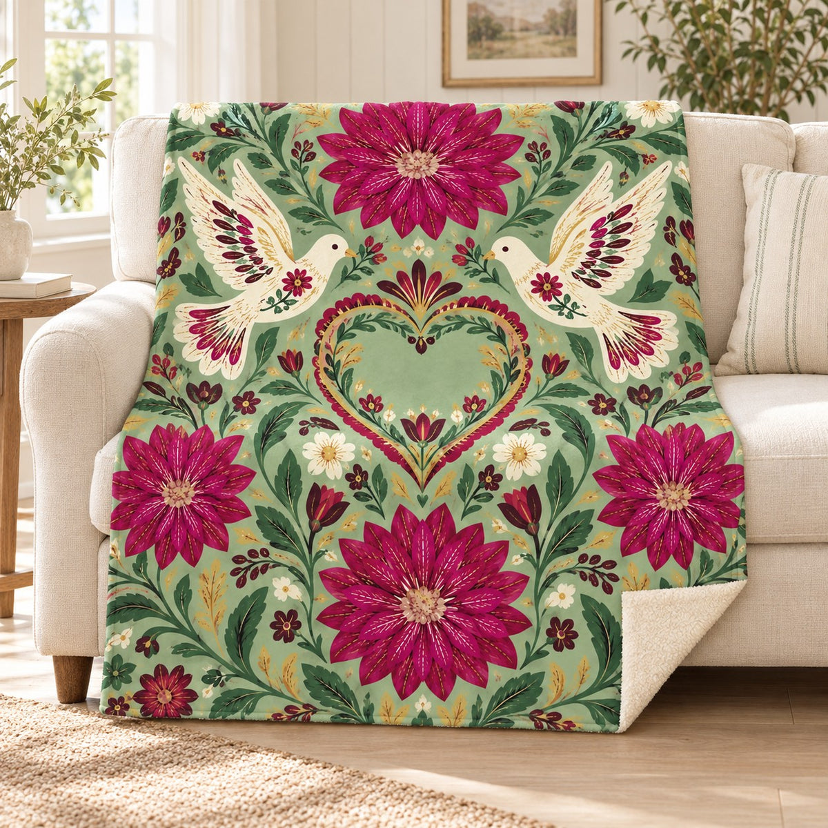 Dalias y palomas blanket, on a sofa