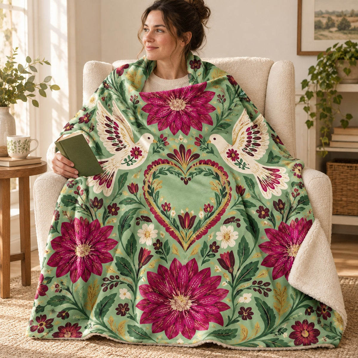 Dalias y palomas blanket, wrapped around a reader