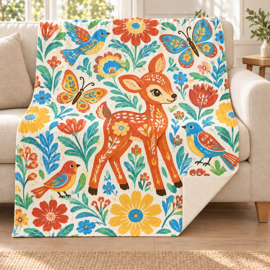 Jardin de los ninos blanket, on a sofa